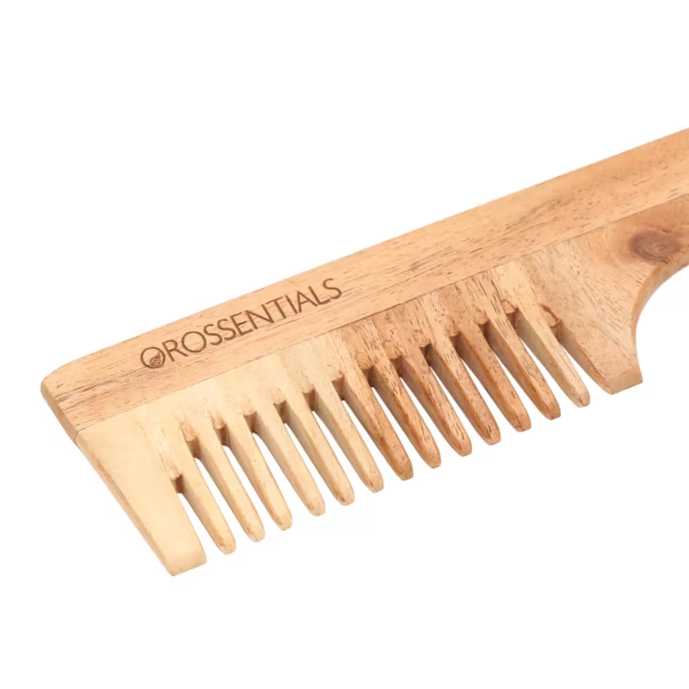 OROSSENTIALS Oil Treated Kacchi Neem Handmade Wooden Handle Wide Teeth Comb (1pcs)