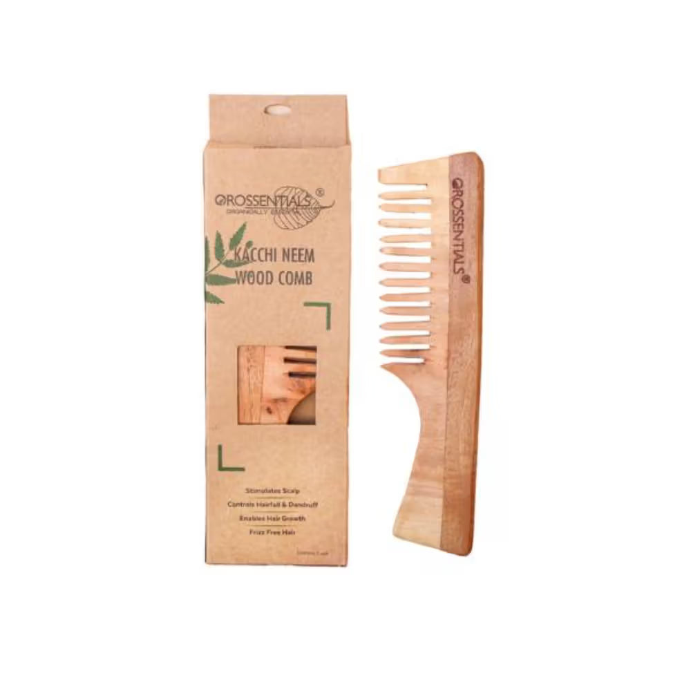 OROSSENTIALS Oil Treated Kacchi Neem Handmade Wooden Handle Wide Teeth Comb (1pcs)