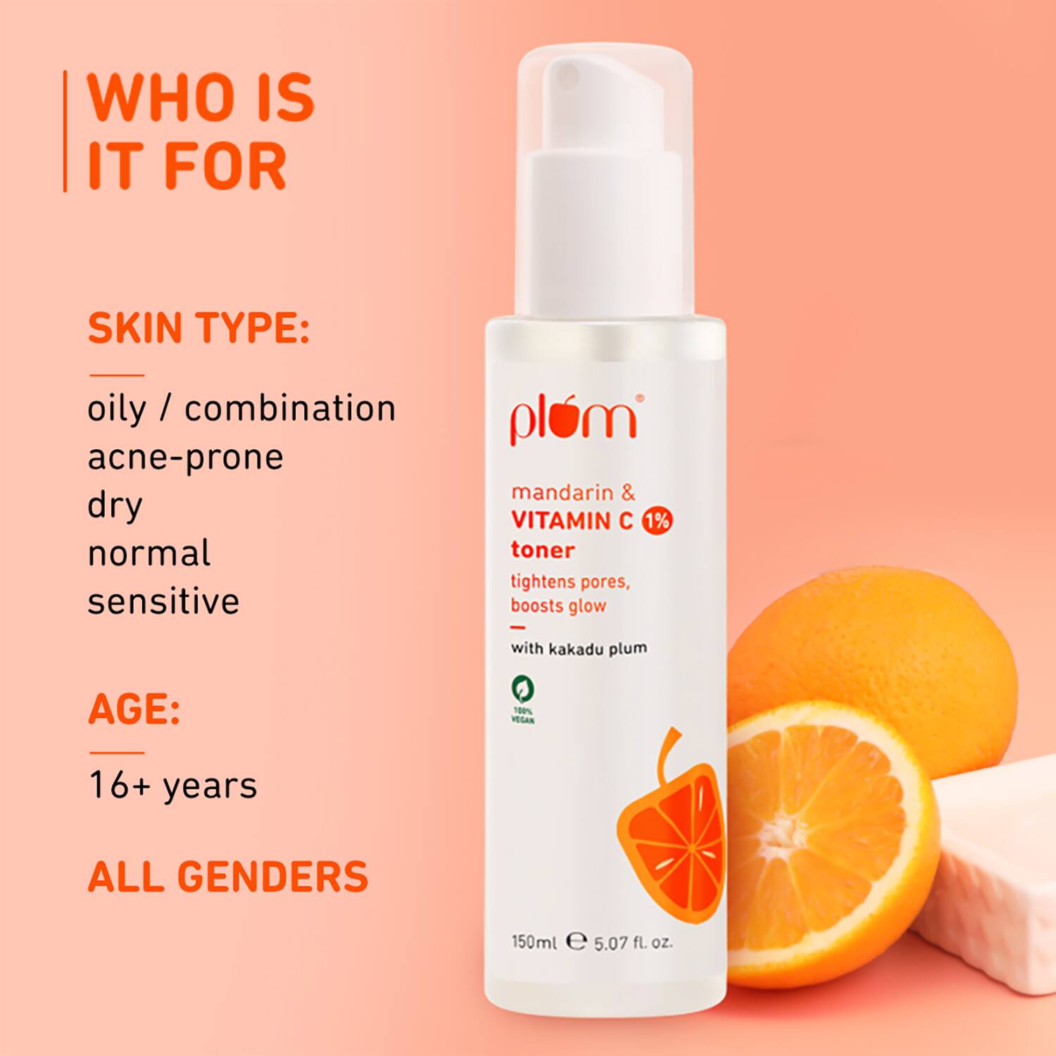 Plum 1% Vitamin C Toner with Mandarin & Kakadu Plum Reduce Dark Spots Boosts Glow All Skin (150 ml)