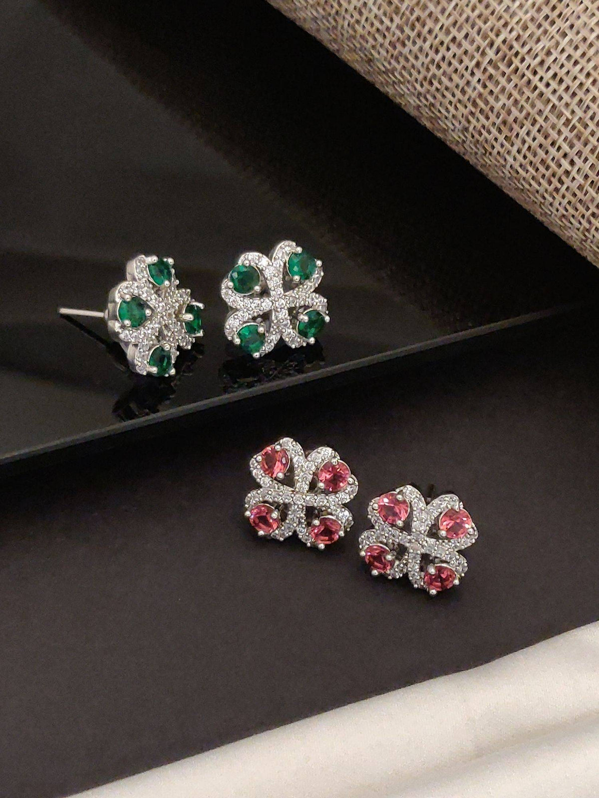Abdesigns Elegant Silver Plated American Diamond Studs Earrings (Pack of 2)