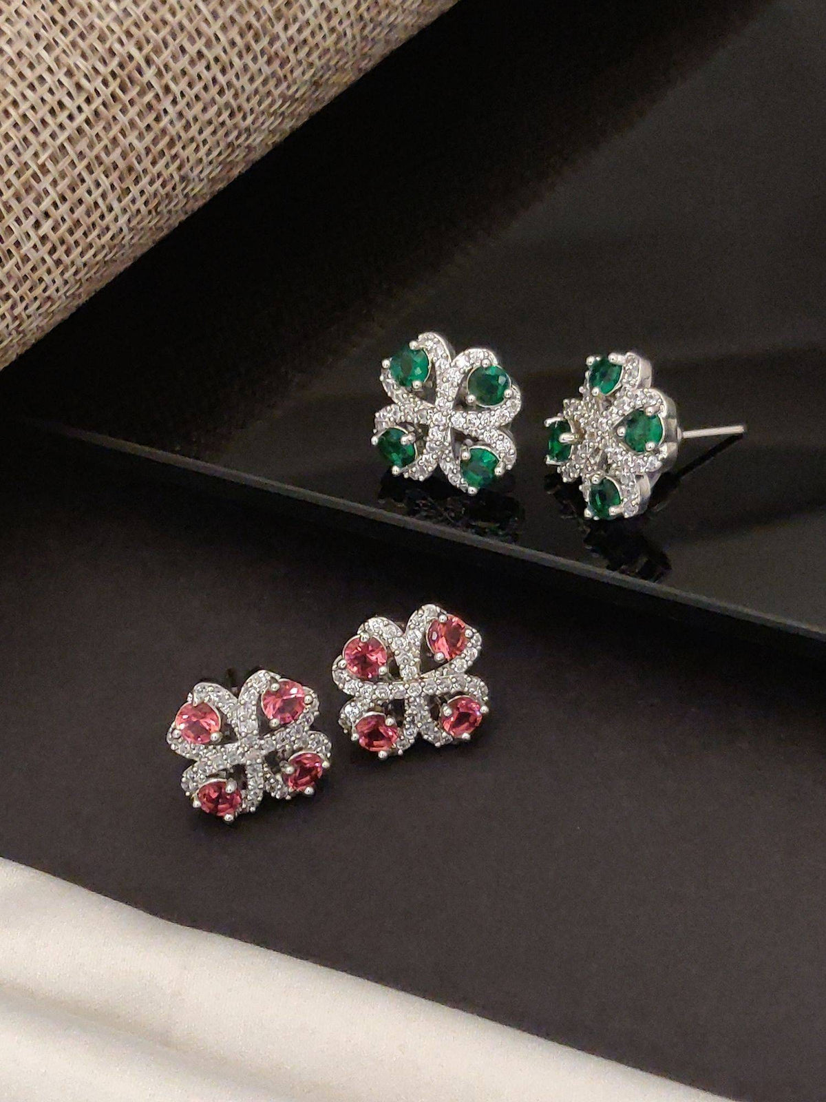 Abdesigns Elegant Silver Plated American Diamond Studs Earrings (Pack of 2)