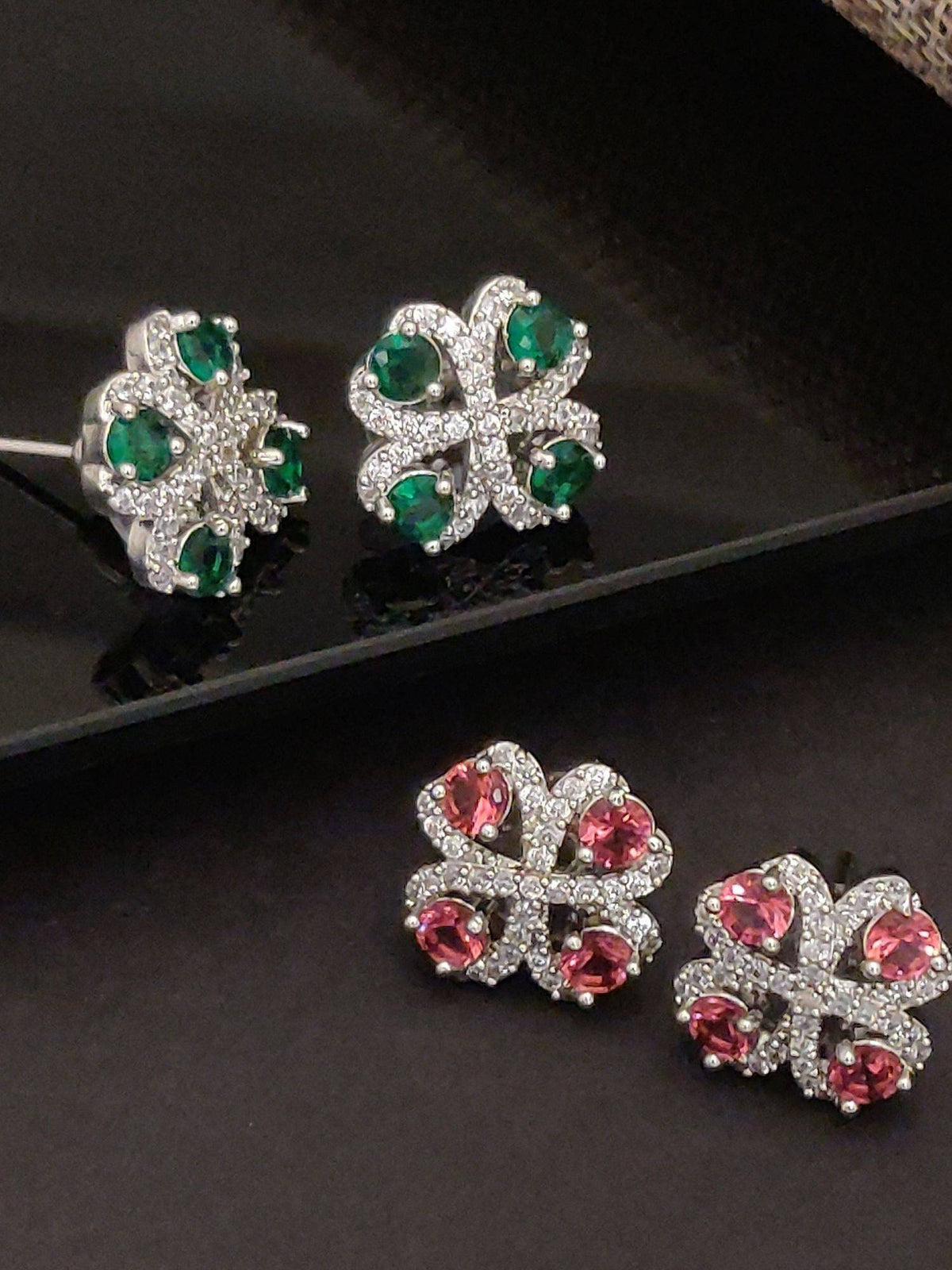 Abdesigns Elegant Silver Plated American Diamond Studs Earrings (Pack of 2)
