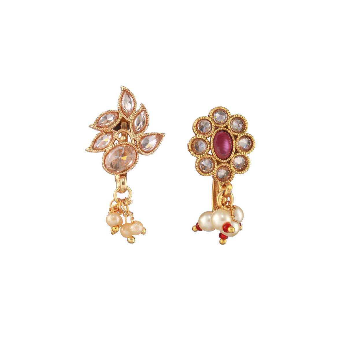 Aatmana Set Of 2 Gold Plated Red & White Kundan Studded Nose Pins