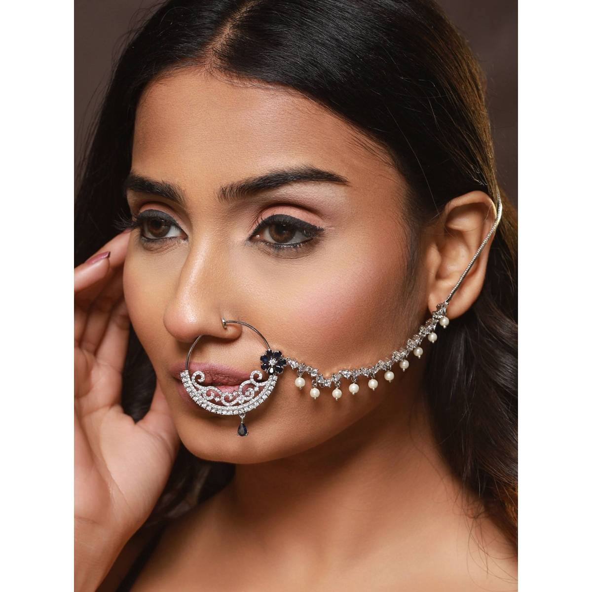 Aatmana Silver Plated Blue Floral American Diamond Studded Nose Ring with Pearl Drop Chain