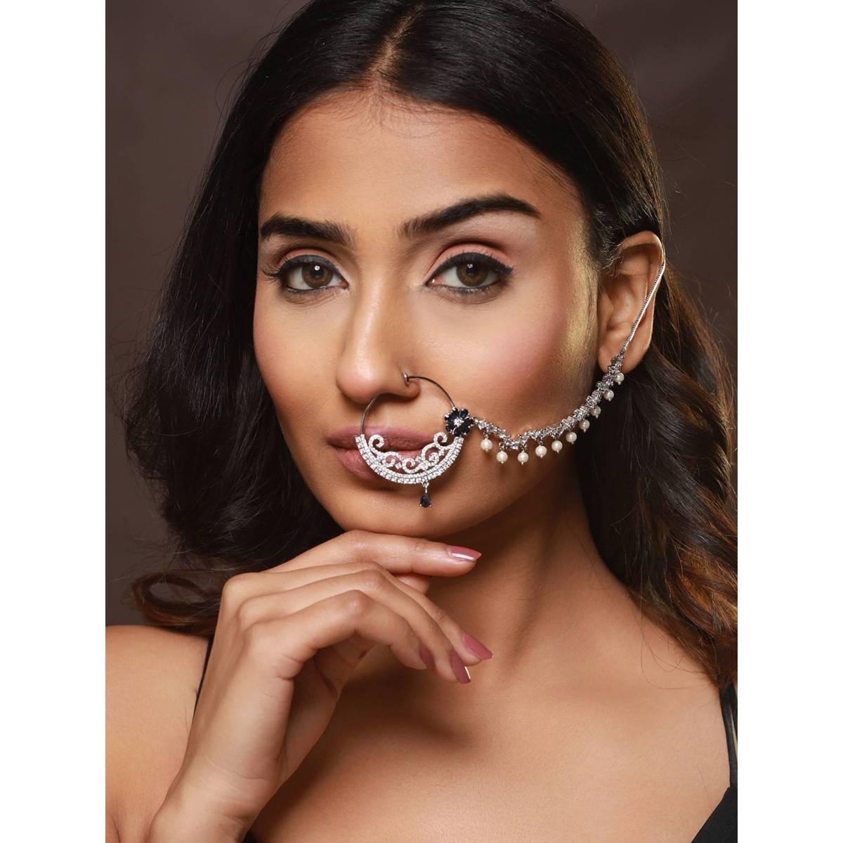 Aatmana Silver Plated Blue Floral American Diamond Studded Nose Ring with Pearl Drop Chain