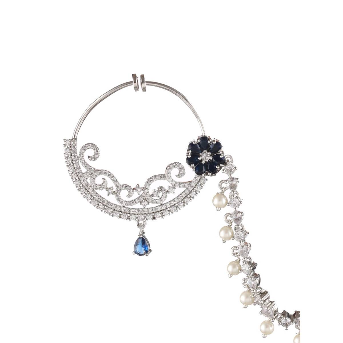 Aatmana Silver Plated Blue Floral American Diamond Studded Nose Ring with Pearl Drop Chain
