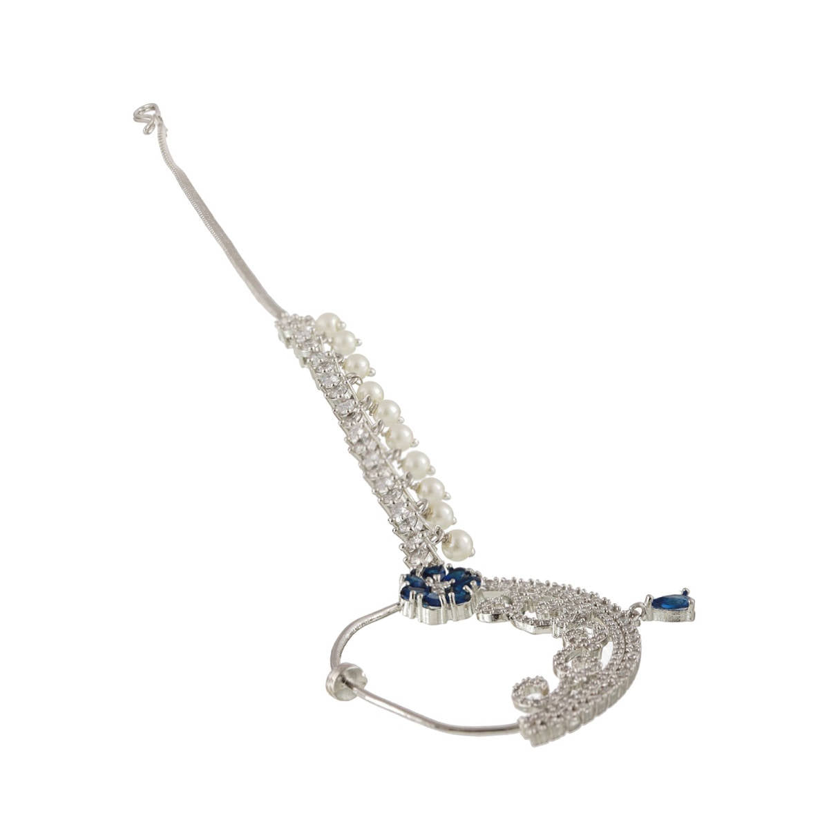 Aatmana Silver Plated Blue Floral American Diamond Studded Nose Ring with Pearl Drop Chain