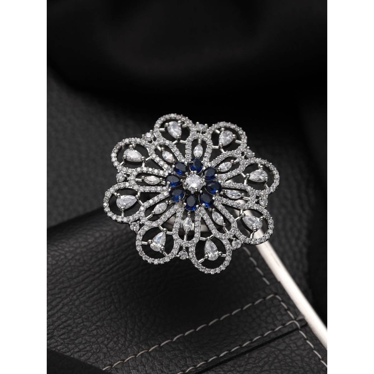 Aatmana Silver Plated Blue & White Ad Studded Adjustable Cocktail Finger Ring