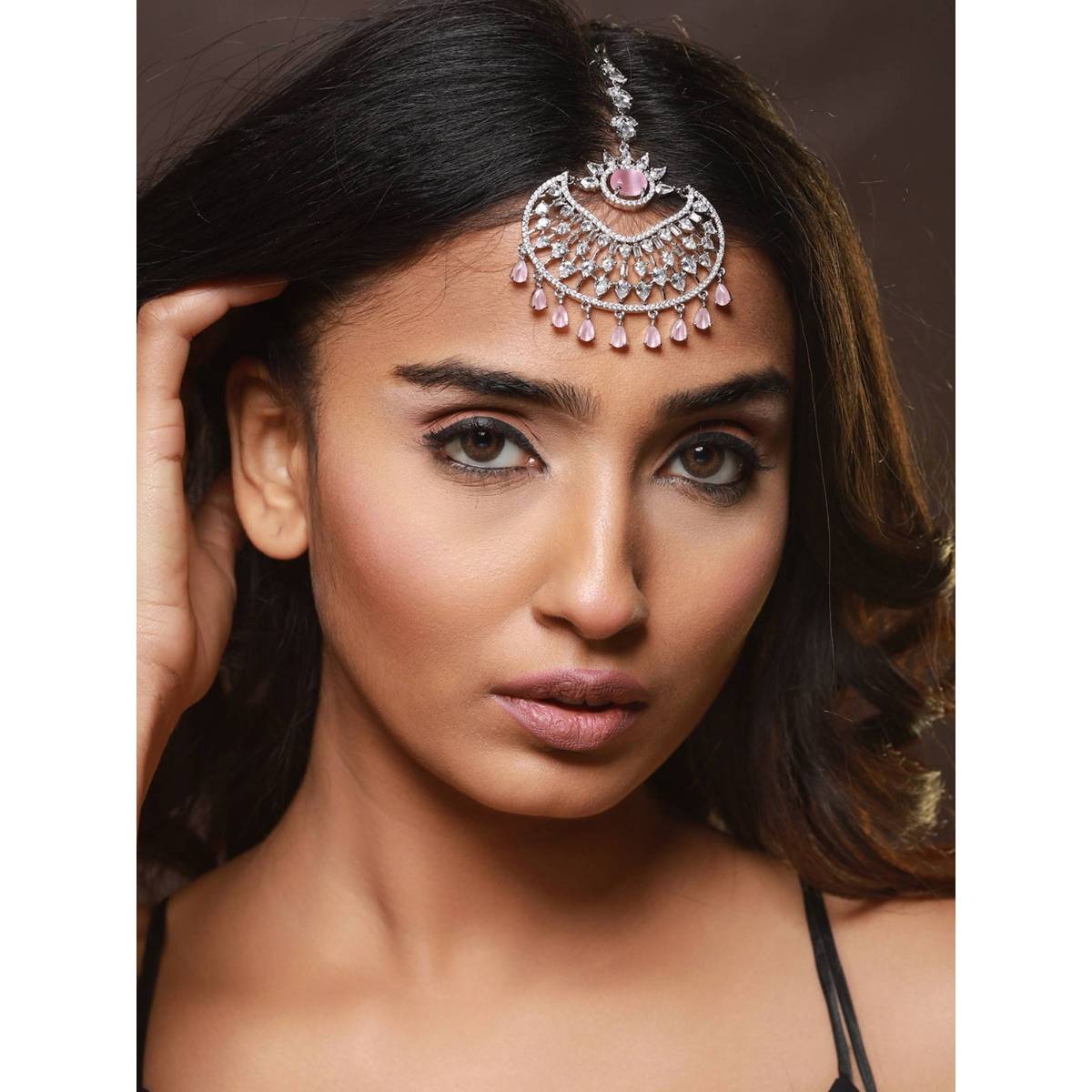 Aatmana Silver Plated Pink & White Ad Studded Handcrafted Maangtikka