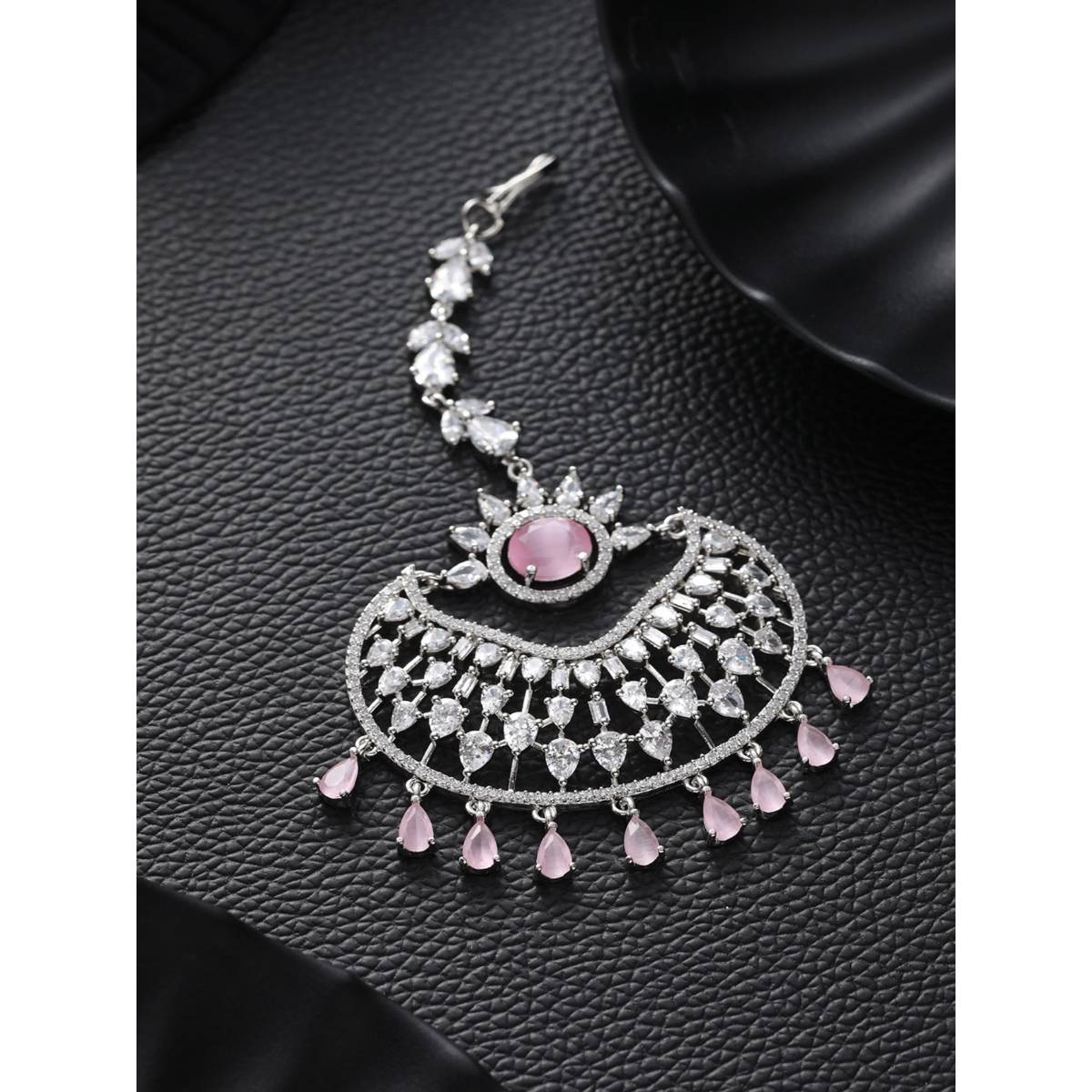 Aatmana Silver Plated Pink & White Ad Studded Handcrafted Maangtikka