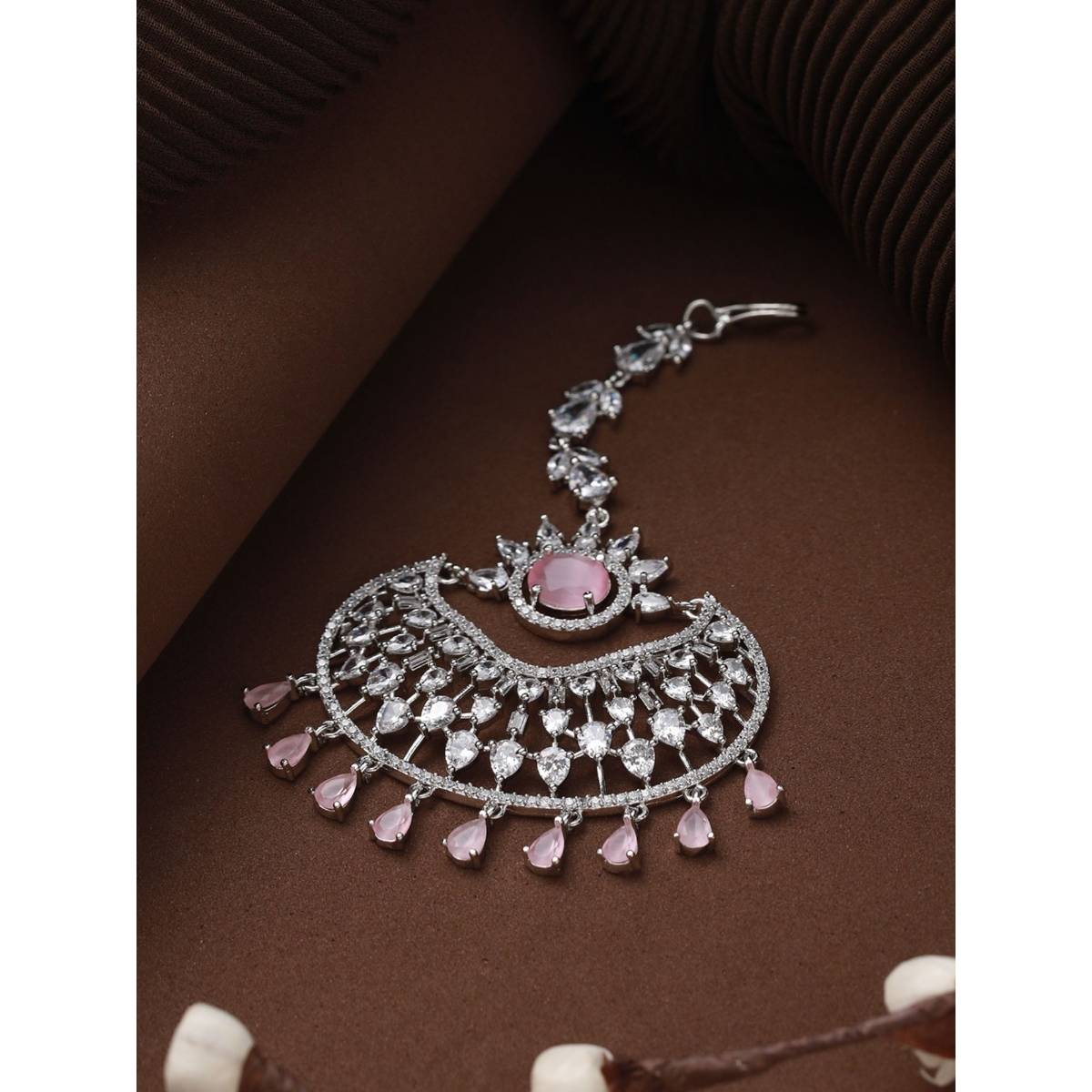 Aatmana Silver Plated Pink & White Ad Studded Handcrafted Maangtikka