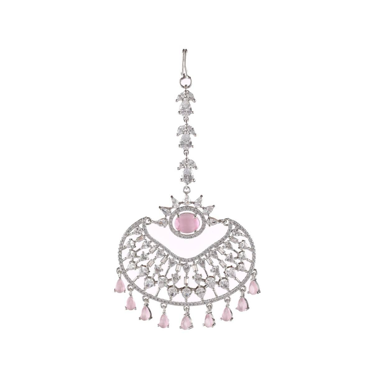 Aatmana Silver Plated Pink & White Ad Studded Handcrafted Maangtikka
