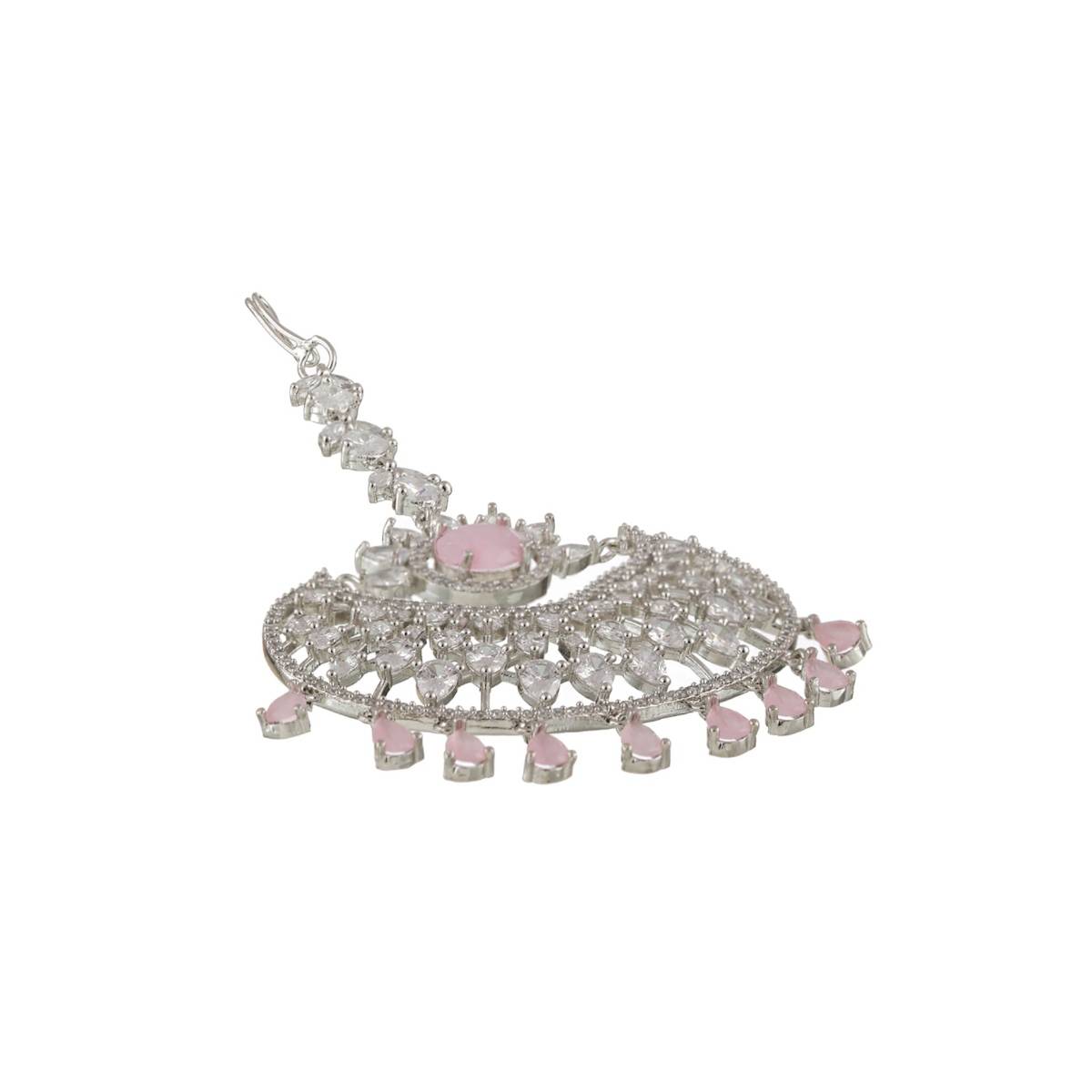 Aatmana Silver Plated Pink & White Ad Studded Handcrafted Maangtikka