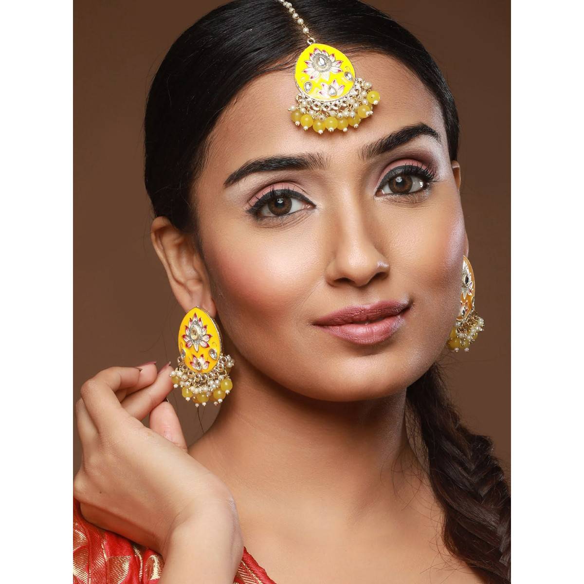 Aatmana Gold Plated Pink Meenakari Kundan Studded & Beaded Maang Tikka with Drop Earrings