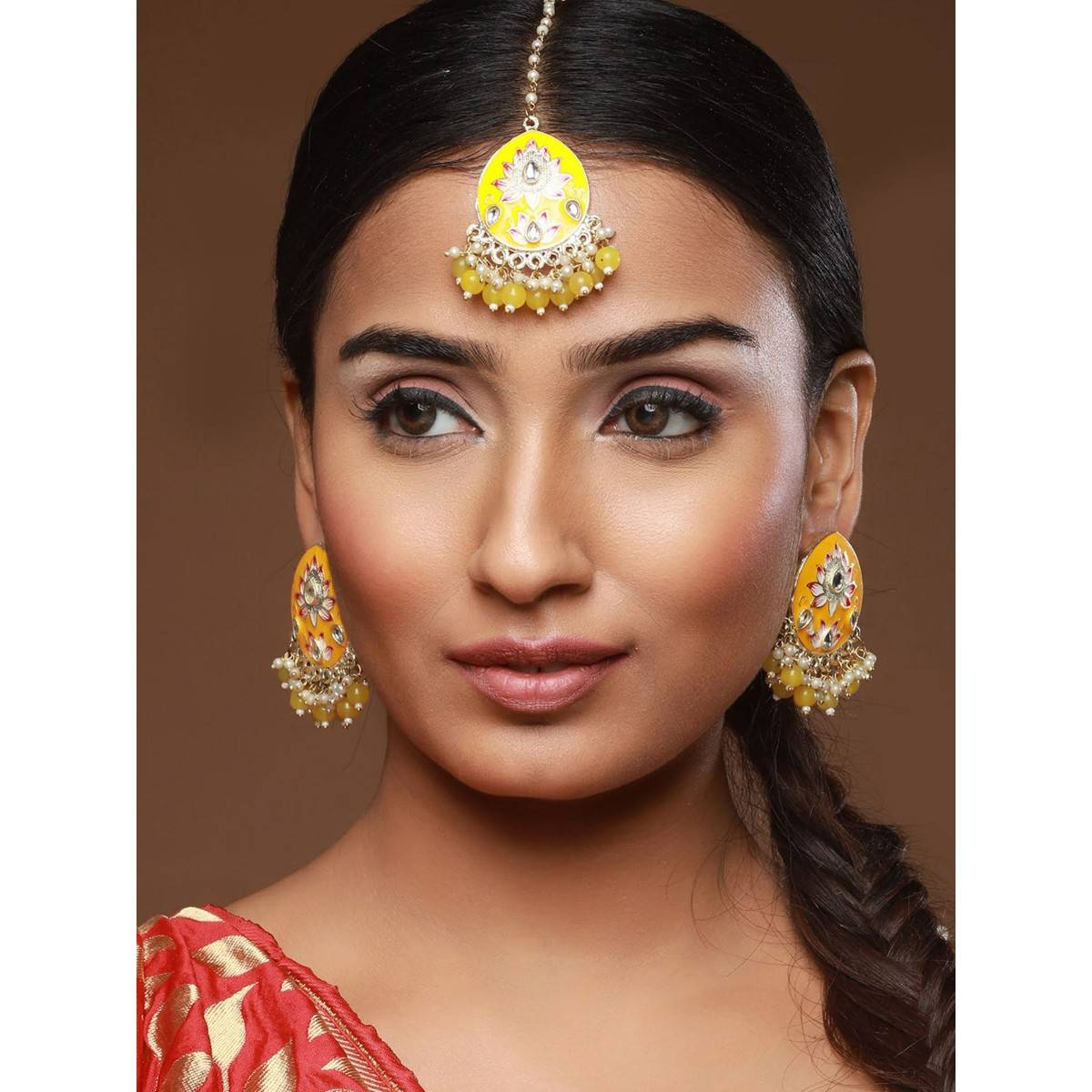 Aatmana Gold Plated Pink Meenakari Kundan Studded & Beaded Maang Tikka with Drop Earrings