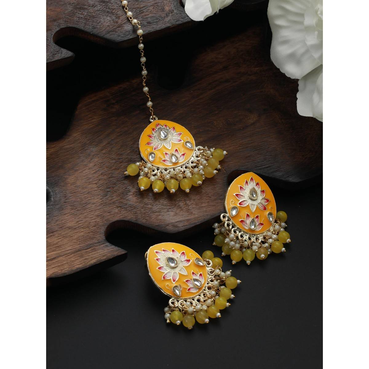 Aatmana Gold Plated Pink Meenakari Kundan Studded & Beaded Maang Tikka with Drop Earrings