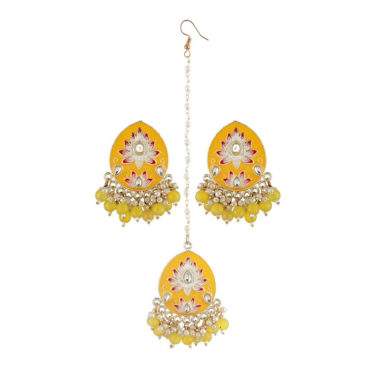 Aatmana Gold Plated Pink Meenakari Kundan Studded & Beaded Maang Tikka with Drop Earrings