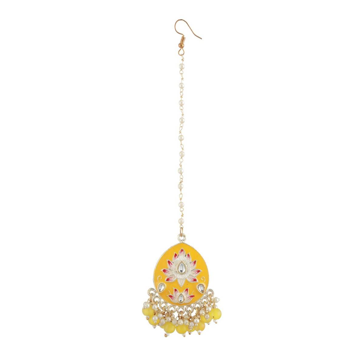 Aatmana Gold Plated Pink Meenakari Kundan Studded & Beaded Maang Tikka with Drop Earrings