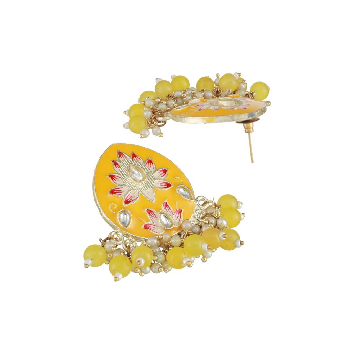 Aatmana Gold Plated Pink Meenakari Kundan Studded & Beaded Maang Tikka with Drop Earrings