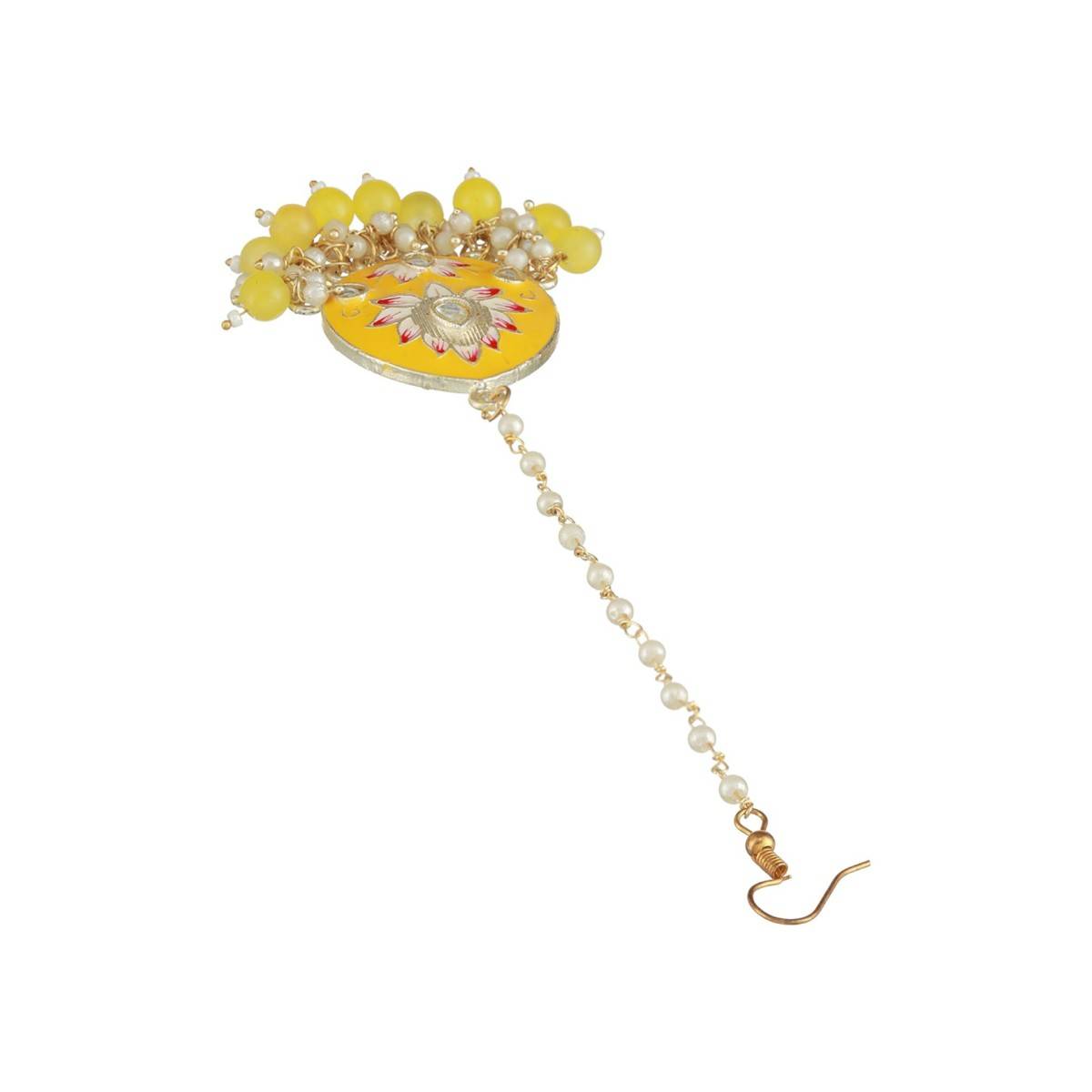 Aatmana Gold Plated Pink Meenakari Kundan Studded & Beaded Maang Tikka with Drop Earrings