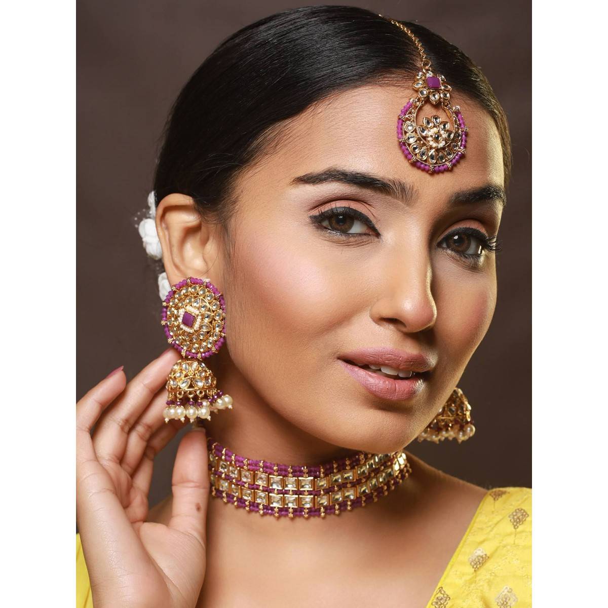 Aatmana Gold Plated Wine Kundan Studded & Pearl Beaded Choker Jewellery Set with Maang Tikka