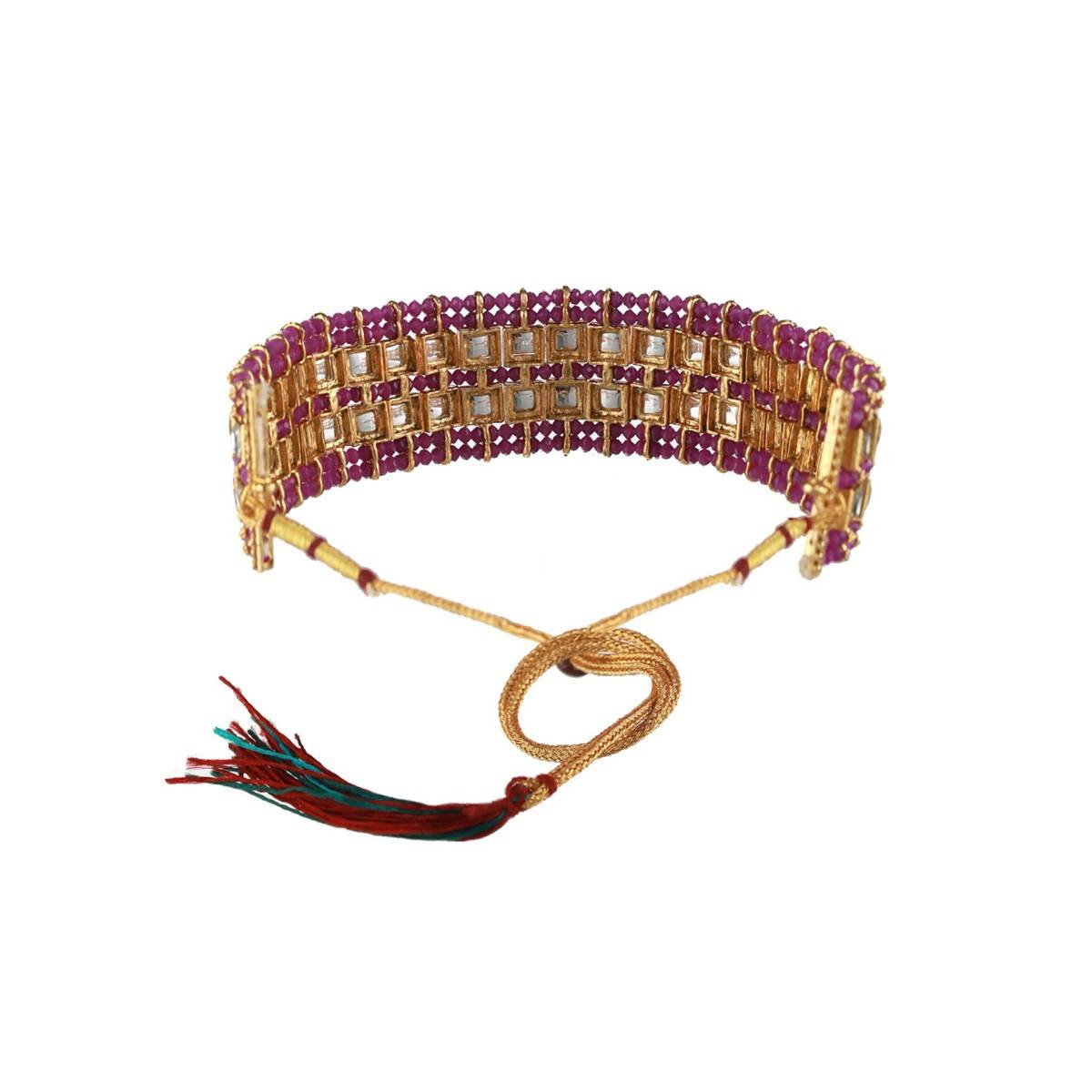 Aatmana Gold Plated Wine Kundan Studded & Pearl Beaded Choker Jewellery Set with Maang Tikka