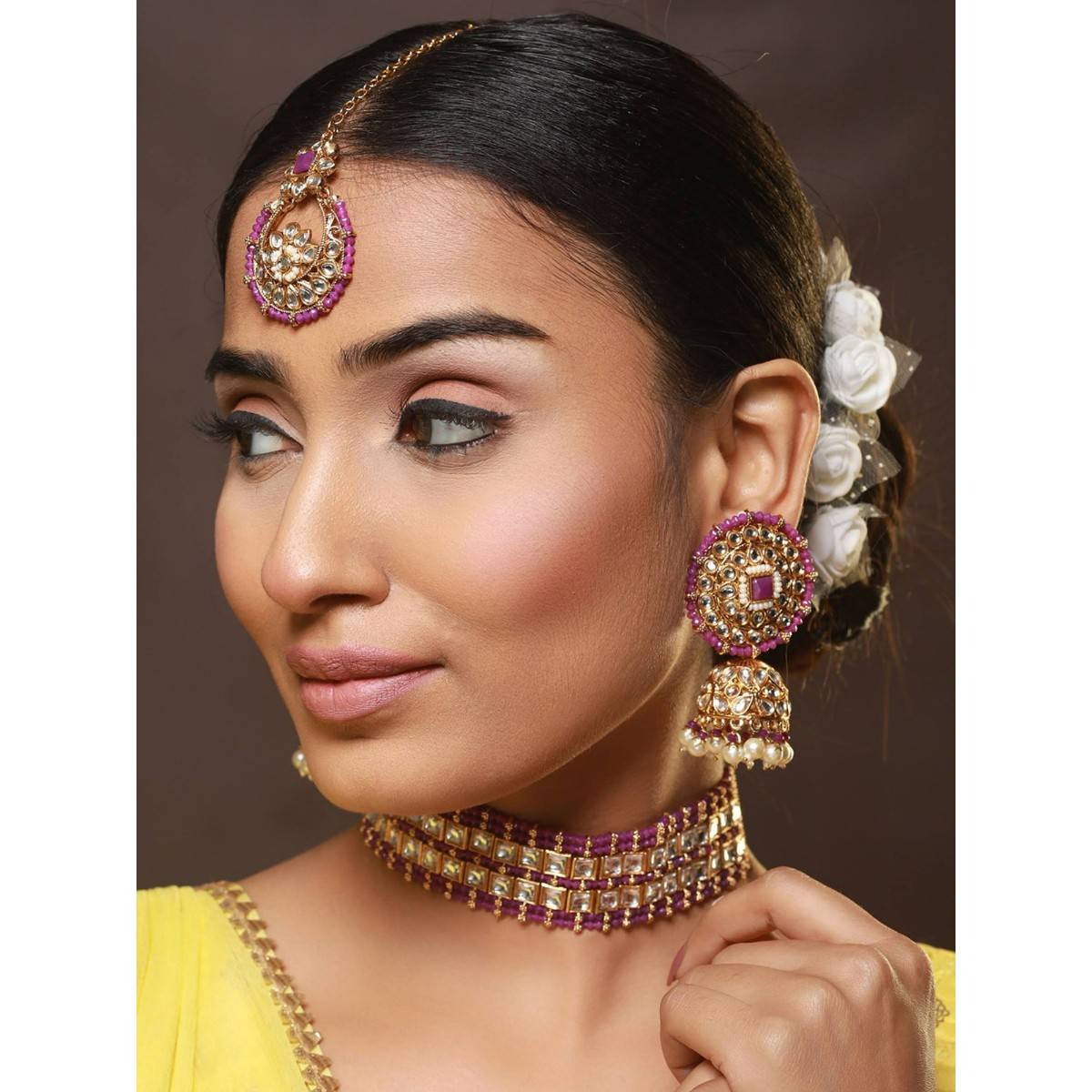 Aatmana Gold Plated Wine Kundan Studded & Pearl Beaded Choker Jewellery Set with Maang Tikka