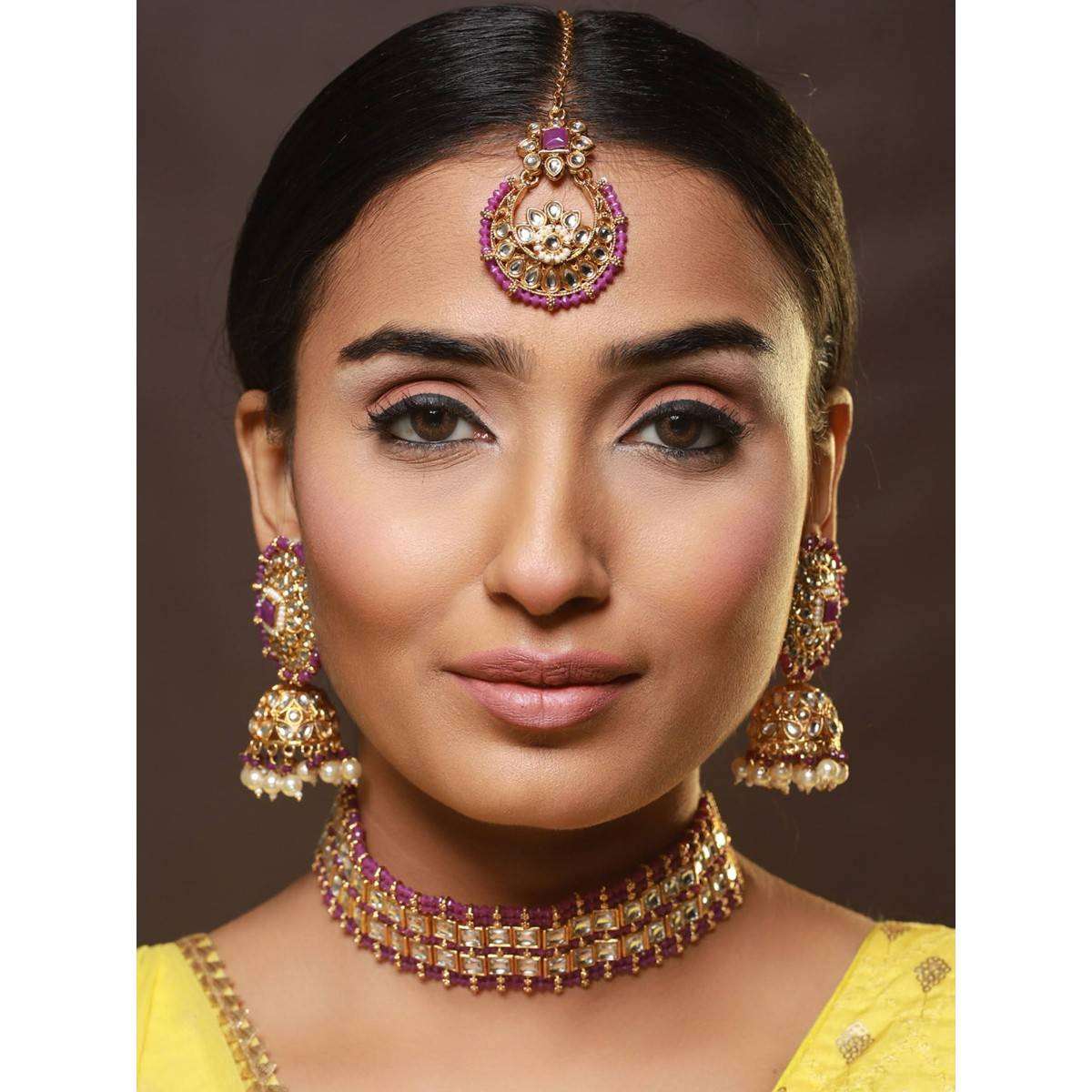 Aatmana Gold Plated Wine Kundan Studded & Pearl Beaded Choker Jewellery Set with Maang Tikka