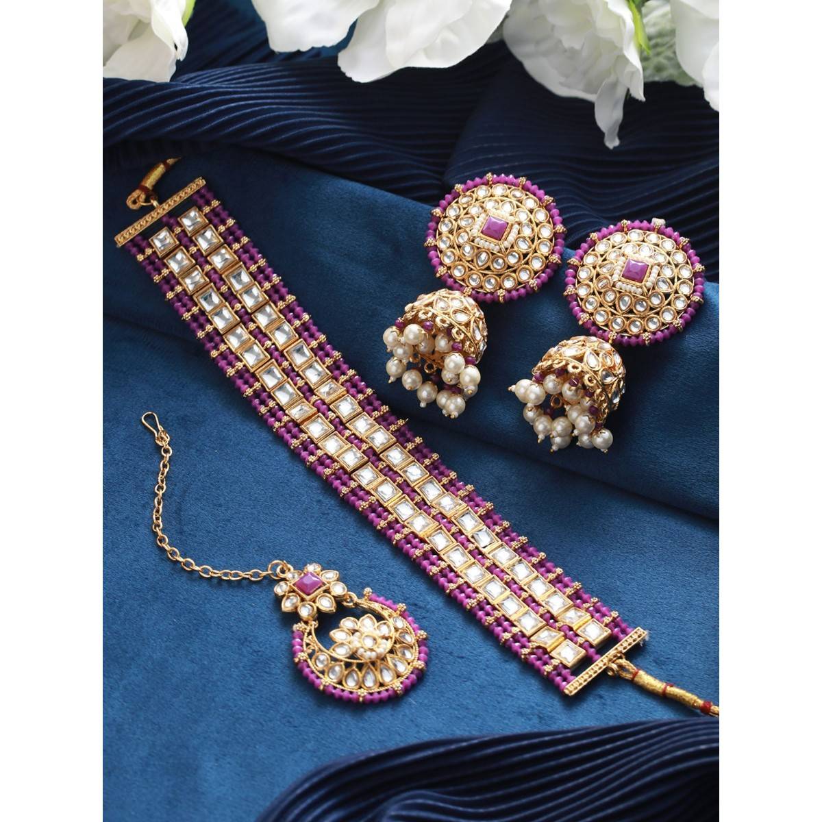 Aatmana Gold Plated Wine Kundan Studded & Pearl Beaded Choker Jewellery Set with Maang Tikka