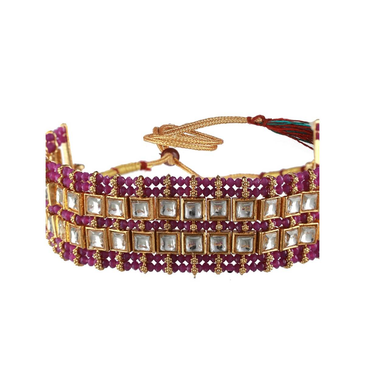 Aatmana Gold Plated Wine Kundan Studded & Pearl Beaded Choker Jewellery Set with Maang Tikka
