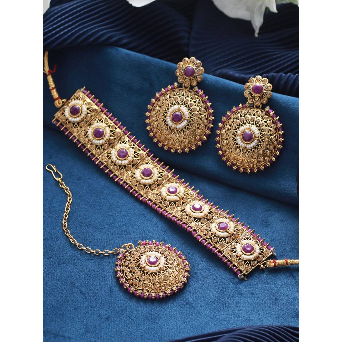 Aatmana Gold Plated Kundan Studded & Beaded Choker Jewellery Set with Maang Tikka