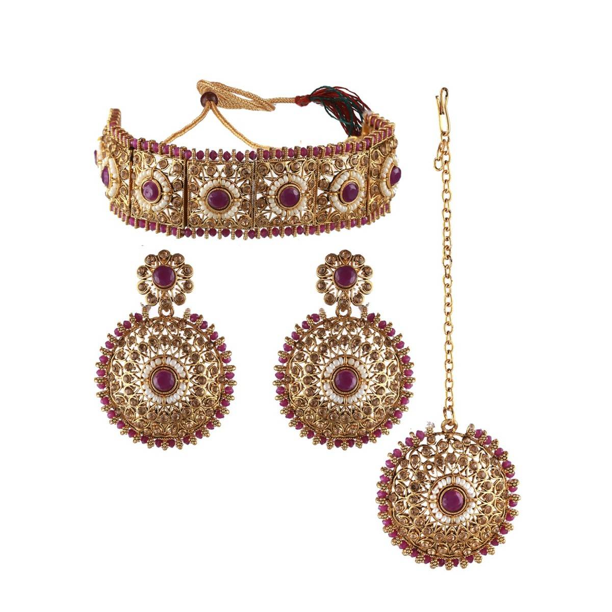Aatmana Gold Plated Kundan Studded & Beaded Choker Jewellery Set with Maang Tikka