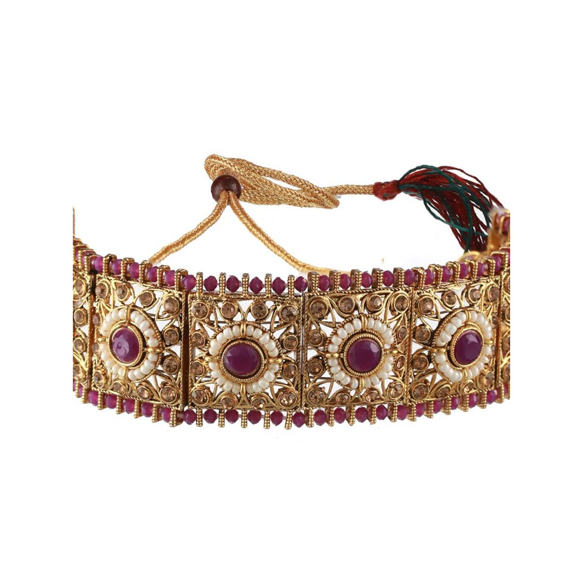 Aatmana Gold Plated Kundan Studded & Beaded Choker Jewellery Set with Maang Tikka