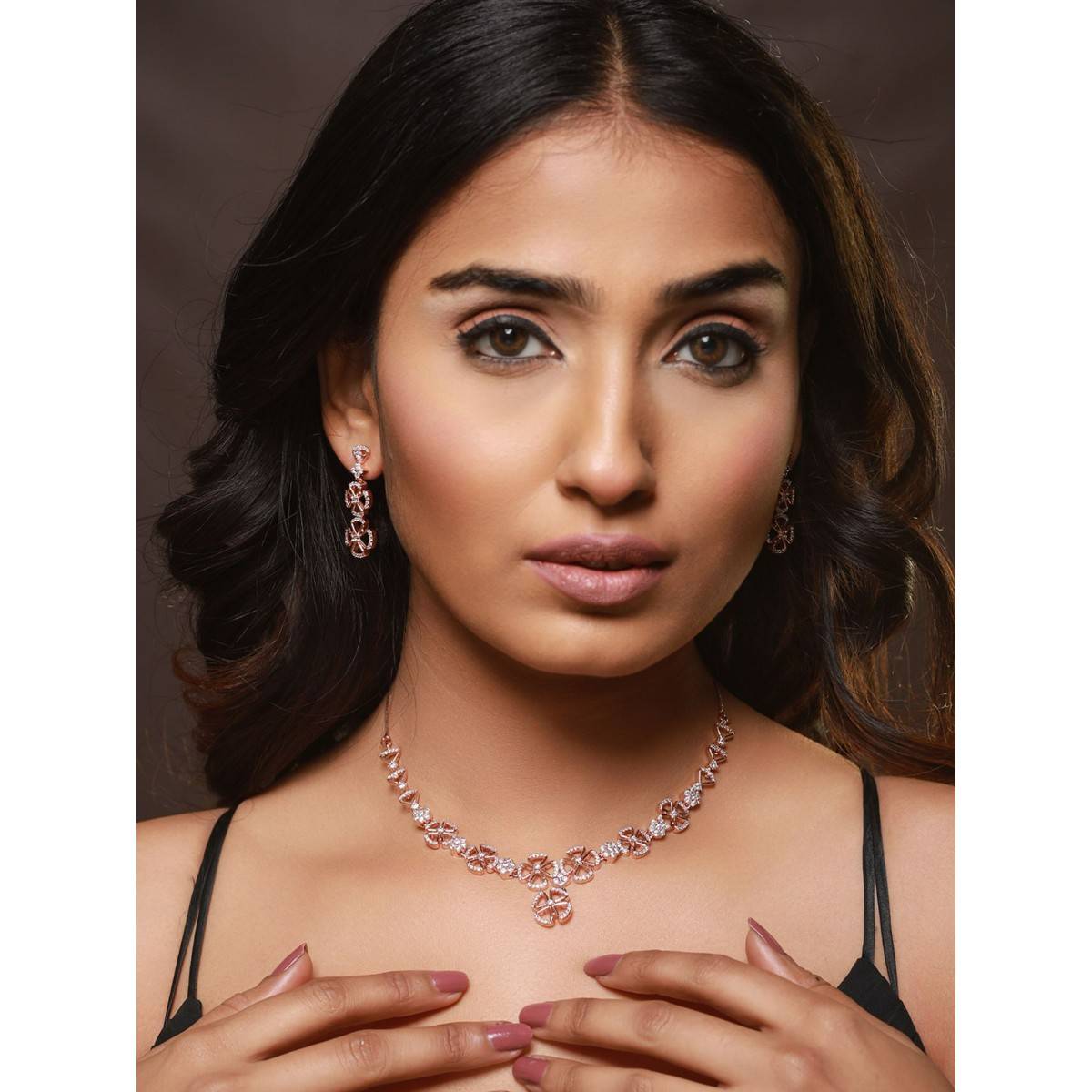 Aatmana Rose Gold Plated CZ Studded Floral Jewellery Set