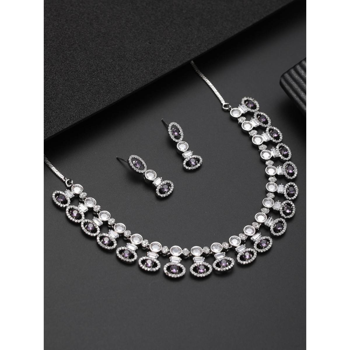 Aatmana Silver Plated Purple & White American Diamond Studded Handcrafted Jewellery Set