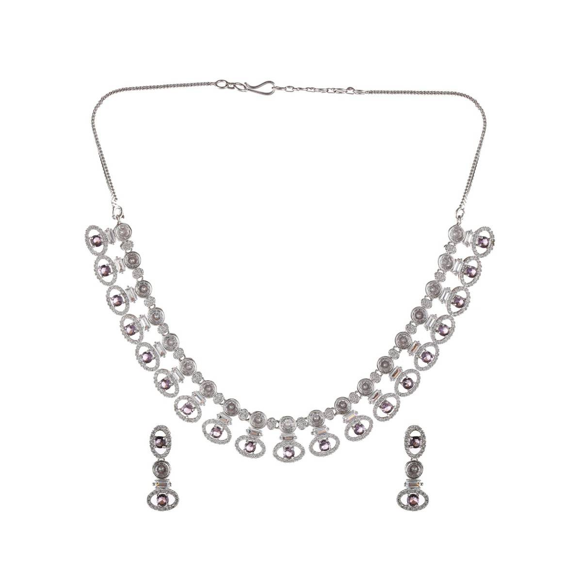 Aatmana Silver Plated Purple & White American Diamond Studded Handcrafted Jewellery Set