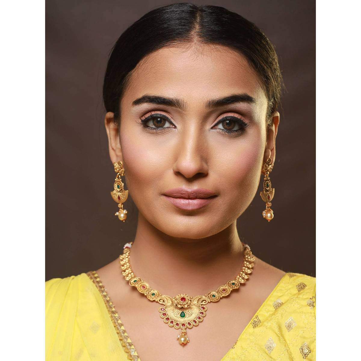 Aatmana Gold Plated Red Green Stone Studded & Pearl Drop Handcrafted Jewellery Set