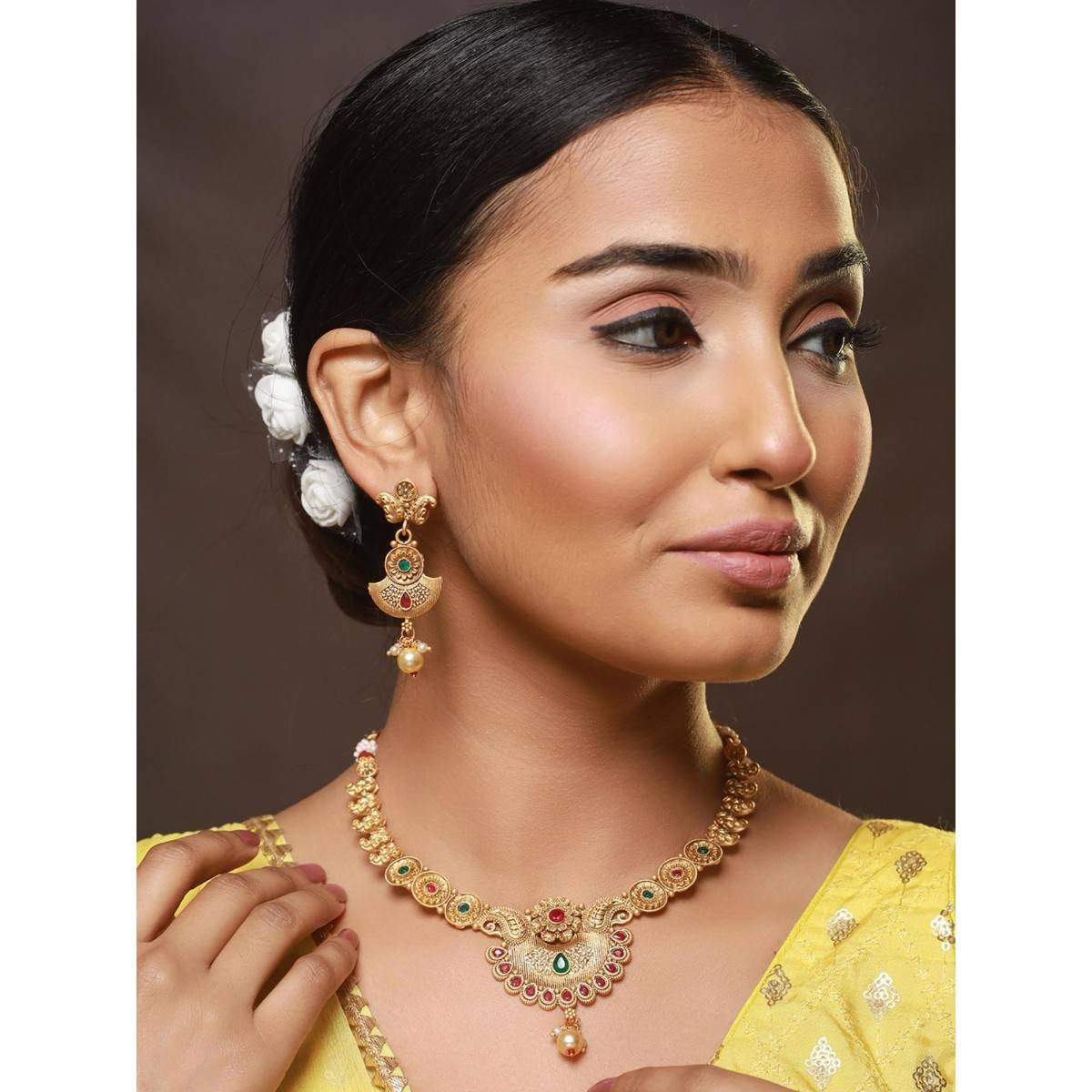 Aatmana Gold Plated Red Green Stone Studded & Pearl Drop Handcrafted Jewellery Set