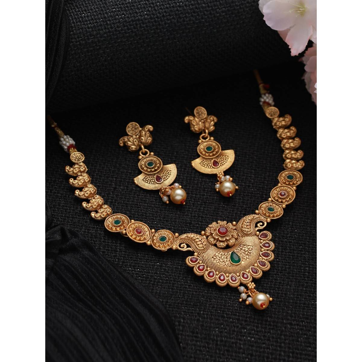 Aatmana Gold Plated Red Green Stone Studded & Pearl Drop Handcrafted Jewellery Set