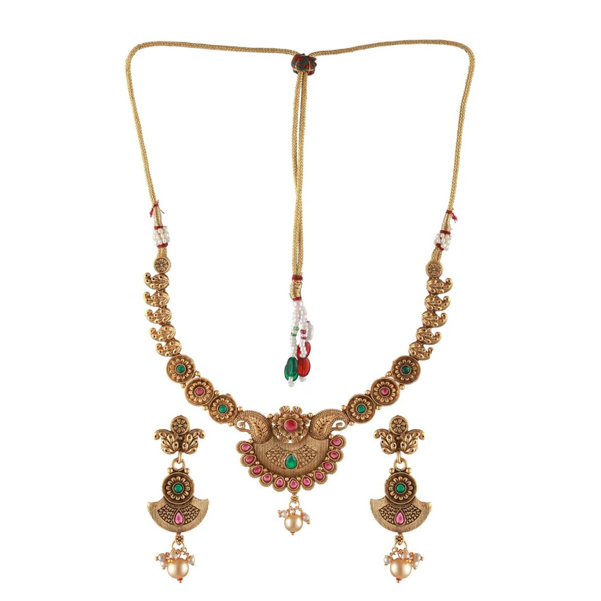 Aatmana Gold Plated Red Green Stone Studded & Pearl Drop Handcrafted Jewellery Set