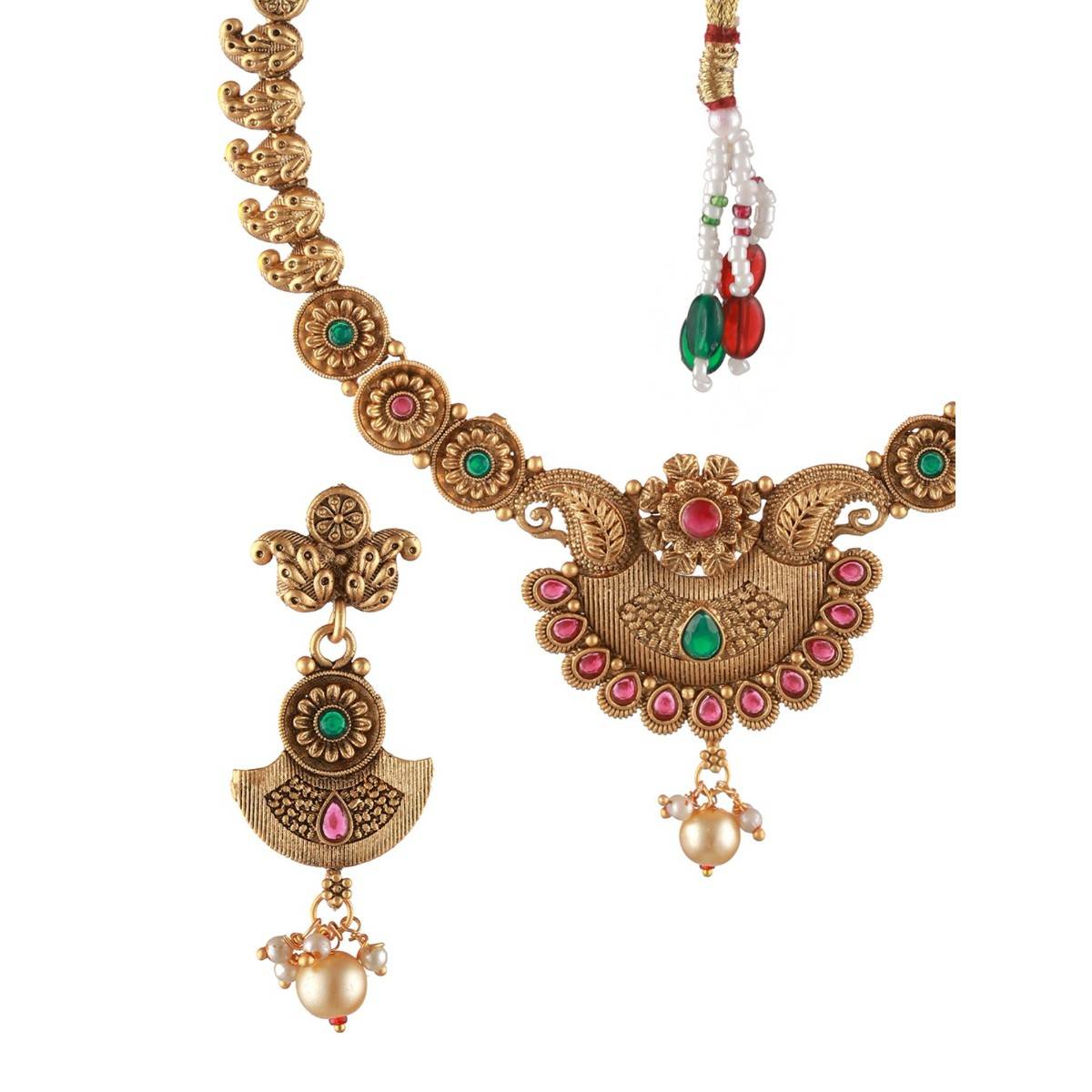 Aatmana Gold Plated Red Green Stone Studded & Pearl Drop Handcrafted Jewellery Set