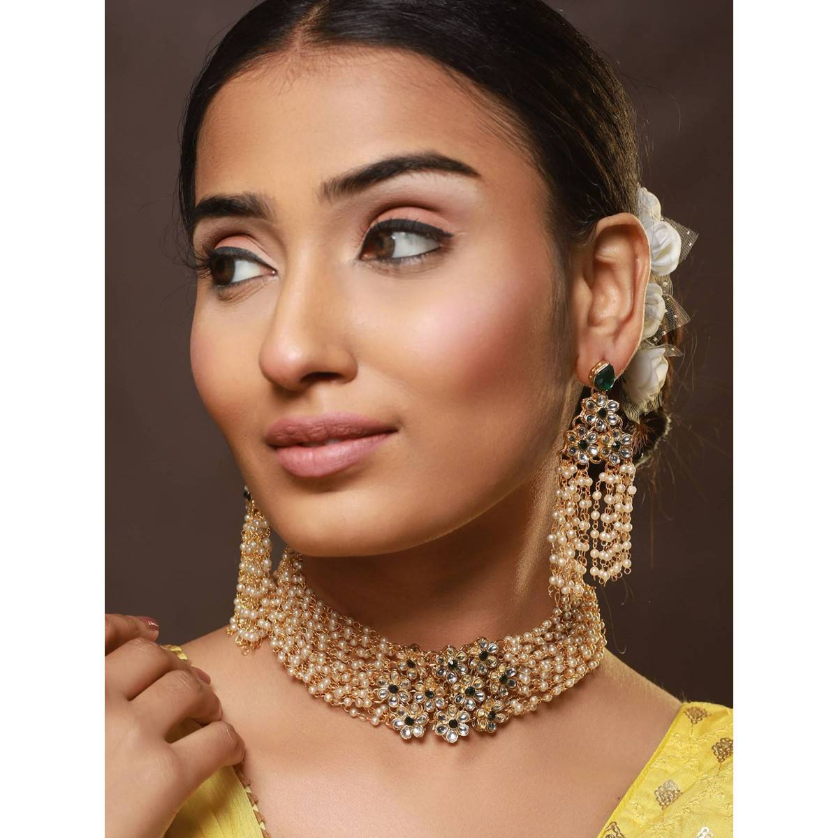 Aatmana Gold Plated Green Kundan Studded & Pearl Beaded Multilayered Choker Jewellery Set