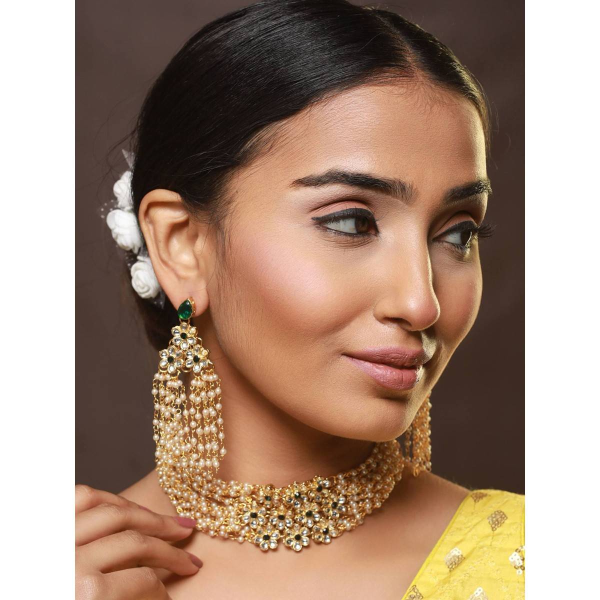 Aatmana Gold Plated Green Kundan Studded & Pearl Beaded Multilayered Choker Jewellery Set