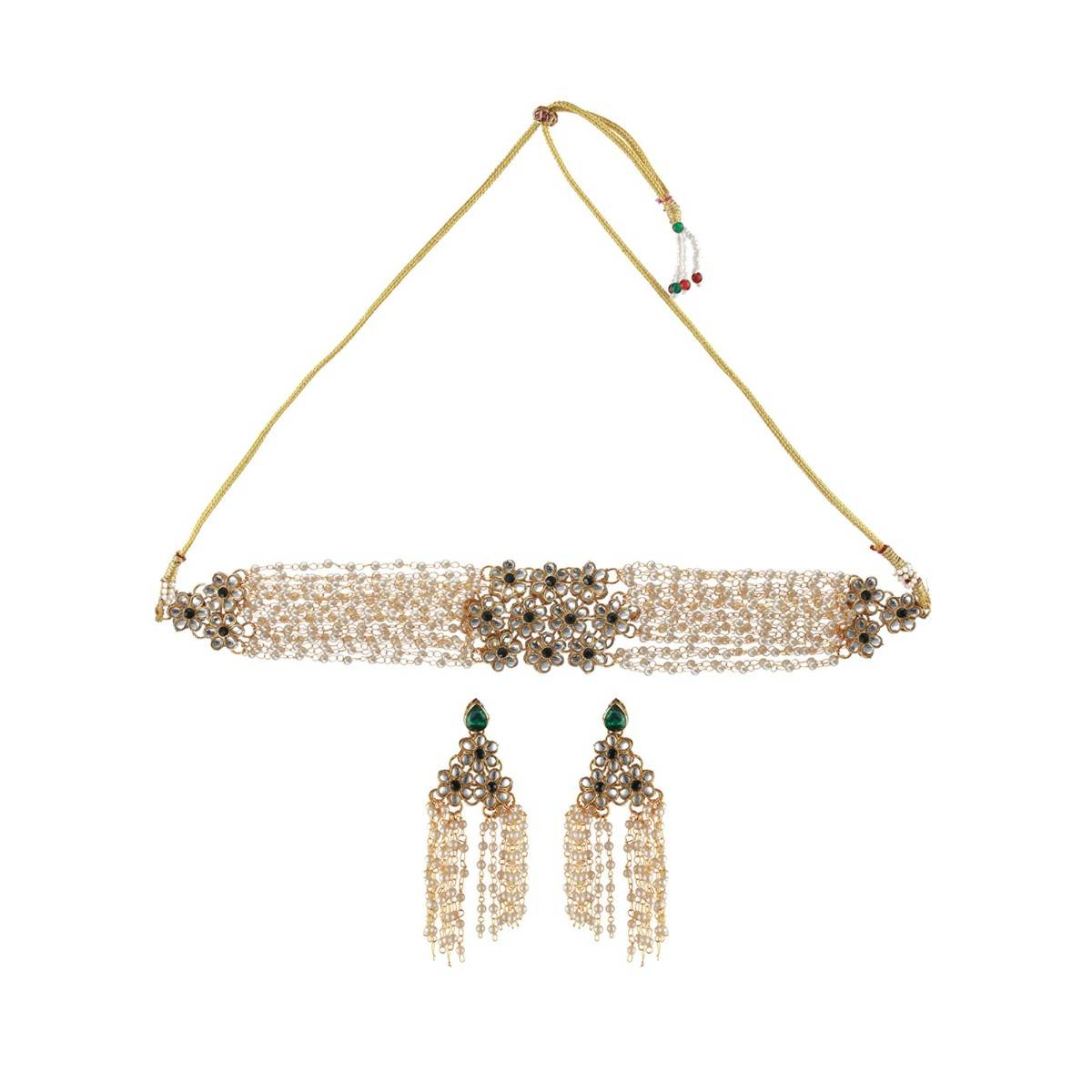 Aatmana Gold Plated Green Kundan Studded & Pearl Beaded Multilayered Choker Jewellery Set