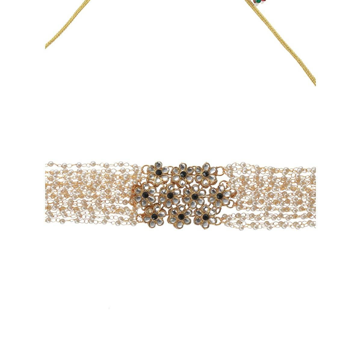 Aatmana Gold Plated Green Kundan Studded & Pearl Beaded Multilayered Choker Jewellery Set