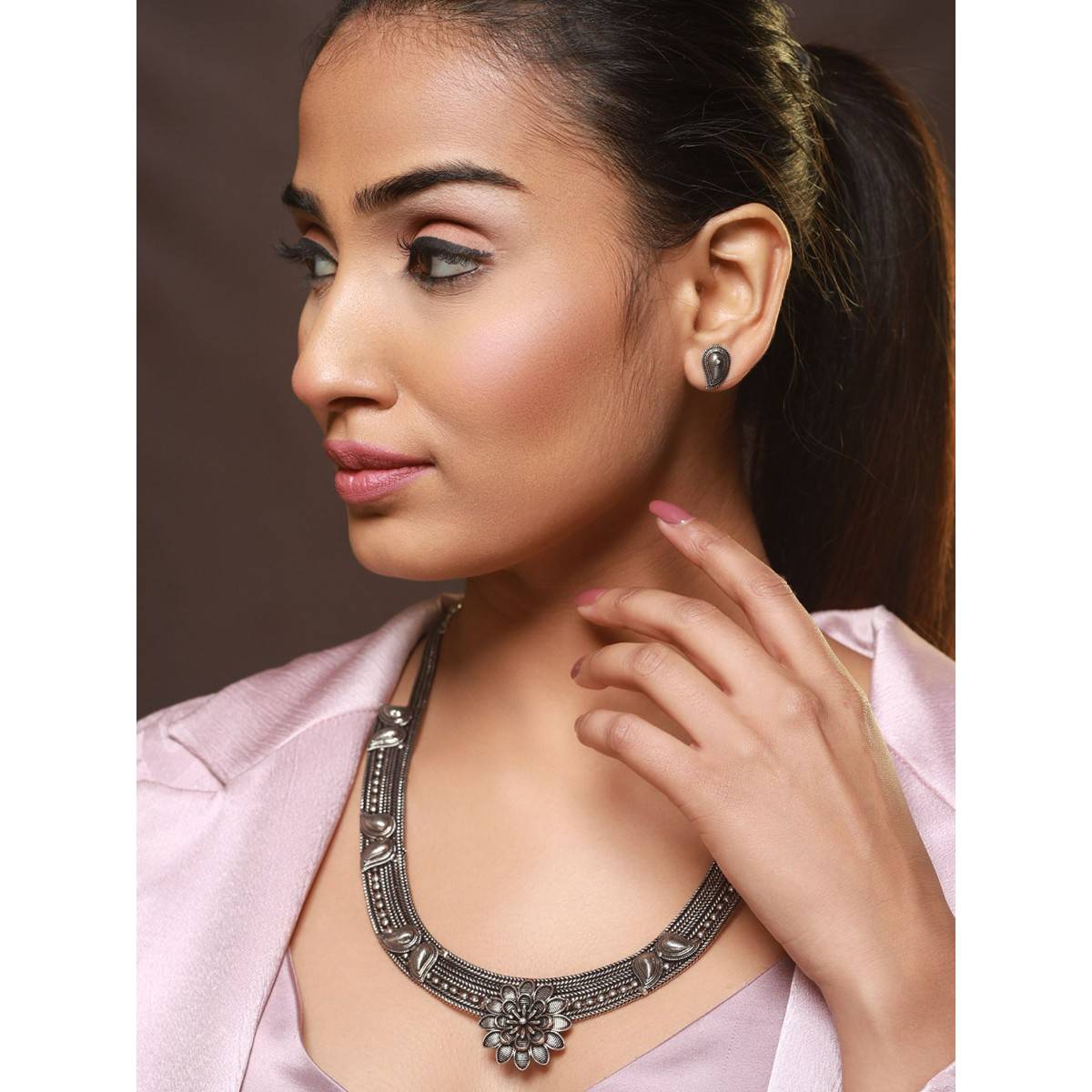 Aatmana Oxidised Silver Tone Black Stone Studded Jewellery Set