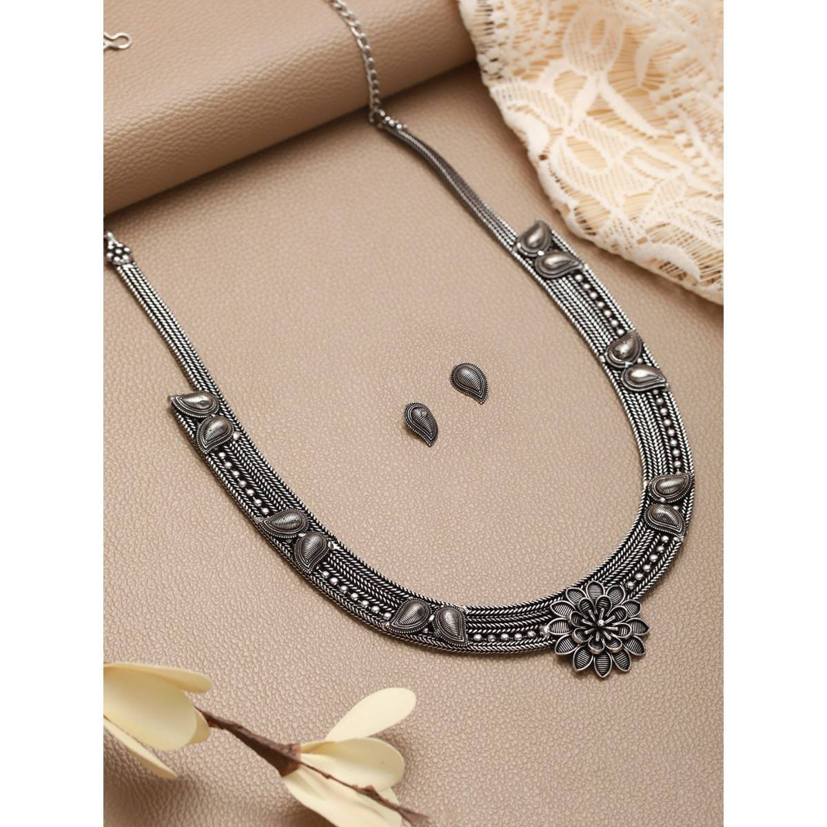 Aatmana Oxidised Silver Tone Black Stone Studded Jewellery Set