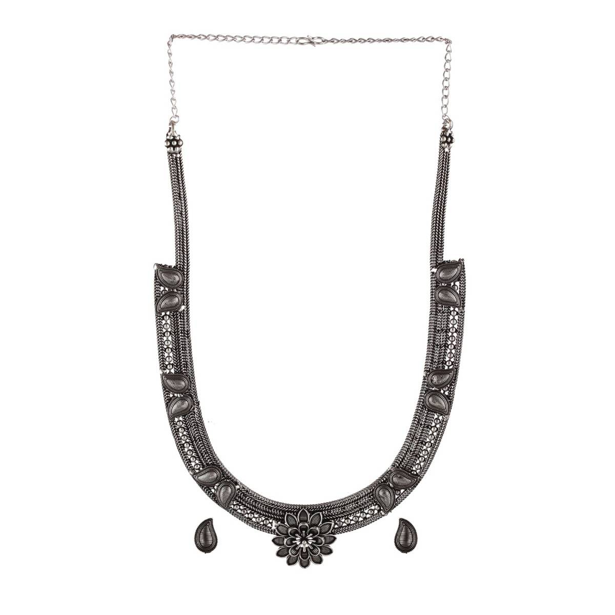 Aatmana Oxidised Silver Tone Black Stone Studded Jewellery Set