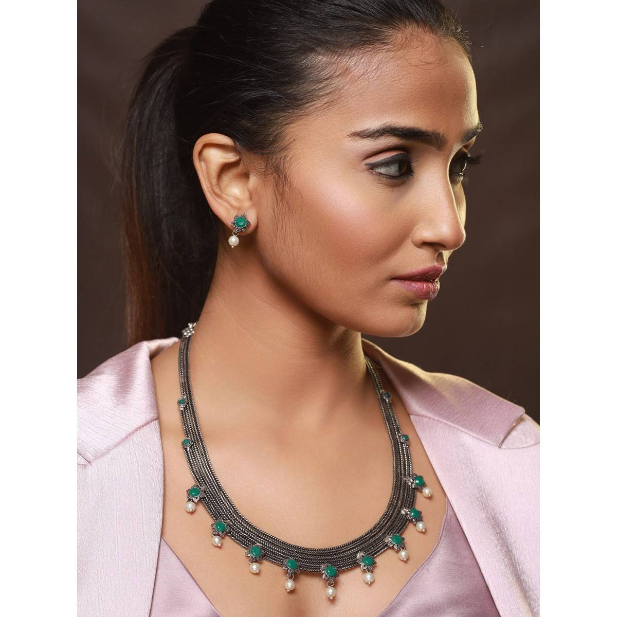 Aatmana Oxidised Silver Tone Green Stone Studded & Pearl Beaded Jewellery Set
