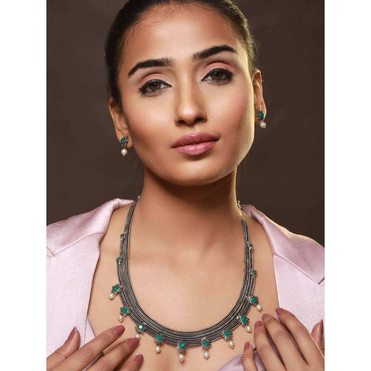 Aatmana Oxidised Silver Tone Green Stone Studded & Pearl Beaded Jewellery Set